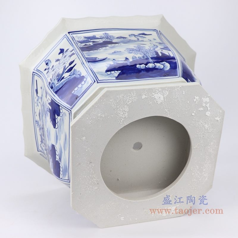 上图：仿古手绘手工青花园林山水八角八面瓜棱八边形镂空底花盆底部 购买请点击图片
