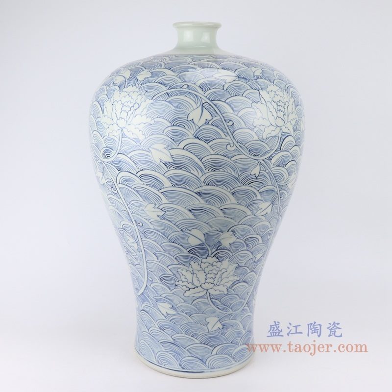 RZKY19 仿古青花 手绘海水纹花卉梅瓶大号