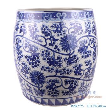 RZKY25-仿古手绘青花缠枝莲串花葡萄纹鼓形大缸
