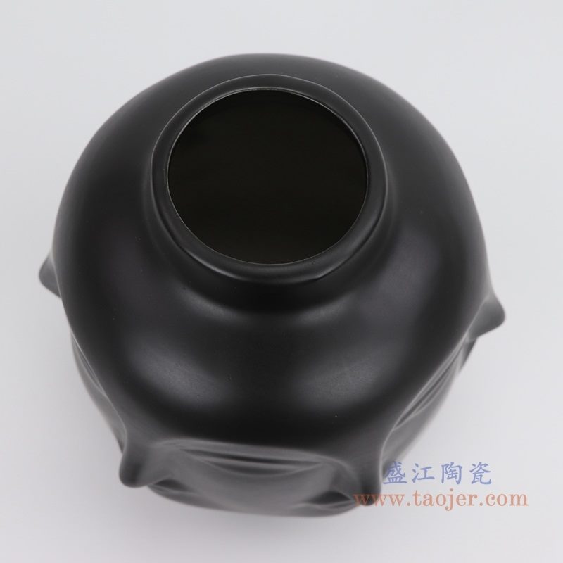 上图：RZLK25-A-black 北欧缪斯哑光黑色陶瓷六面人脸花瓶 微笑的朵拉口部 购买请点击图片