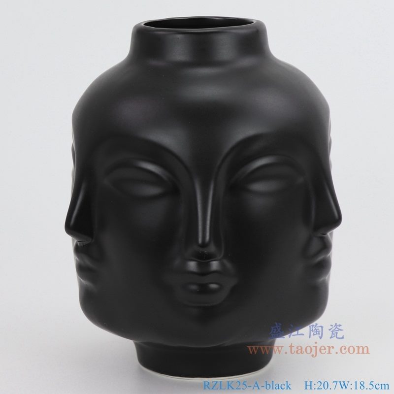 上图：RZLK25-A-black 北欧缪斯哑光黑色陶瓷六面人脸花瓶 微笑的朵拉正面 购买请点击图片
