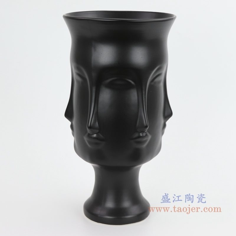上图：RZLK25-B-black 北欧缪斯哑光黑色陶瓷人脸花瓶 优雅的朵拉正面   购买请点击图片