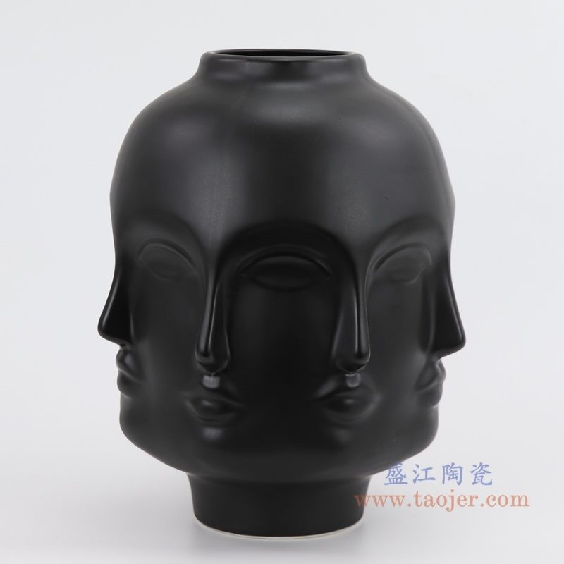 上图：RZLK25-E-black 北欧缪斯哑光黑色陶瓷八面人脸花瓶悲伤的朵拉正面 购买请点击图片