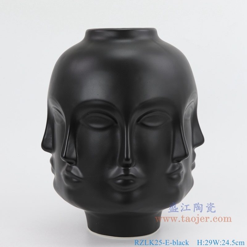 上图：RZLK25-E-black 北欧缪斯哑光黑色陶瓷八面人脸花瓶悲伤的朵拉侧面 购买请点击图片