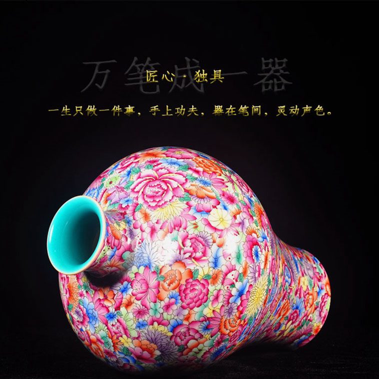 上图:RZLS09手绘粉彩万花 花卉梅瓶 侧面和口部 购买请点击图片