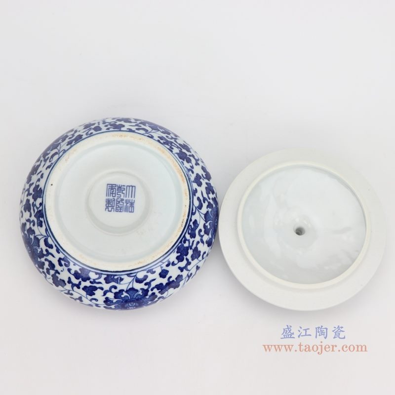 上图：青花缠枝莲纹带盖圆扁肚茶叶罐子底部图  购买请点击图片
