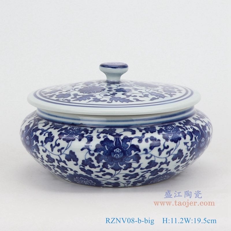 上图：青花缠枝莲纹带盖圆扁肚茶叶罐子大号图  购买请点击图片