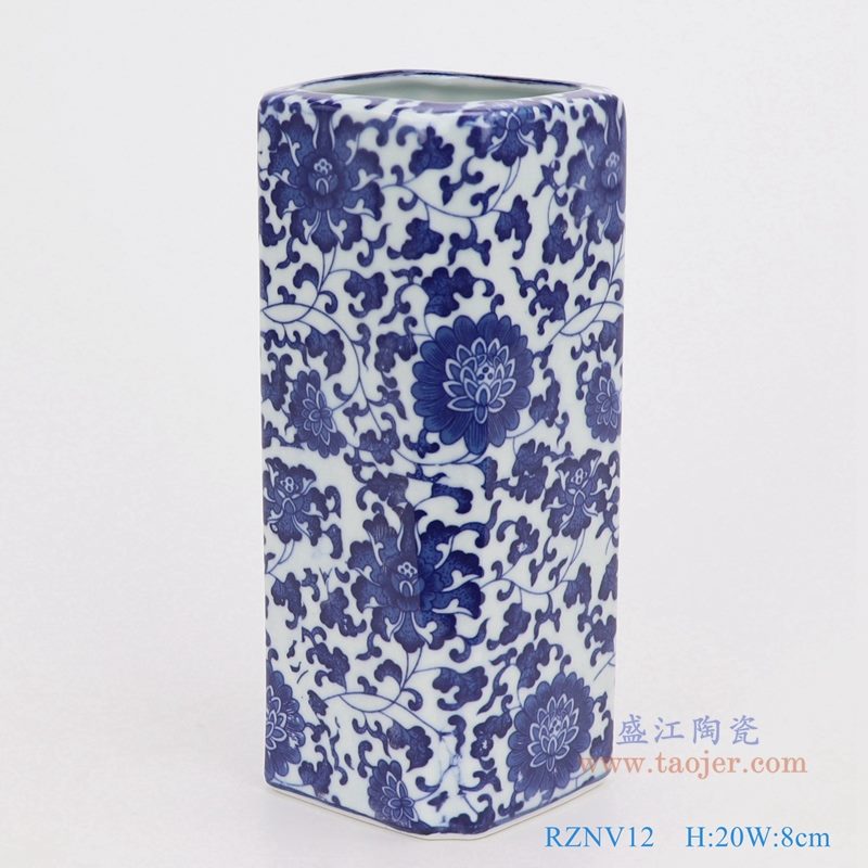 上图：青花缠枝莲纹四方形直筒青花如意口笔筒小花瓶 购买请点击图片