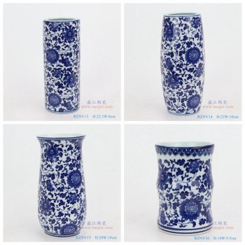 RZNV13-16-青花缠枝莲纹圆形直筒青花圆口笔筒小花瓶