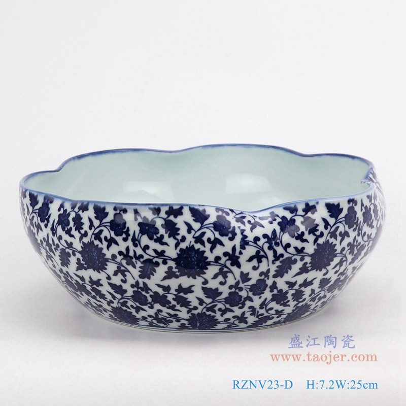 上图：青花缠枝莲荷叶形花口笔洗水浅中号  购买请点击图片