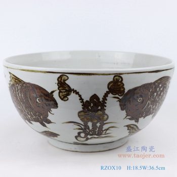 RZOX10-仿古做旧手绘14寸酱色双鱼鱼藻纹大碗