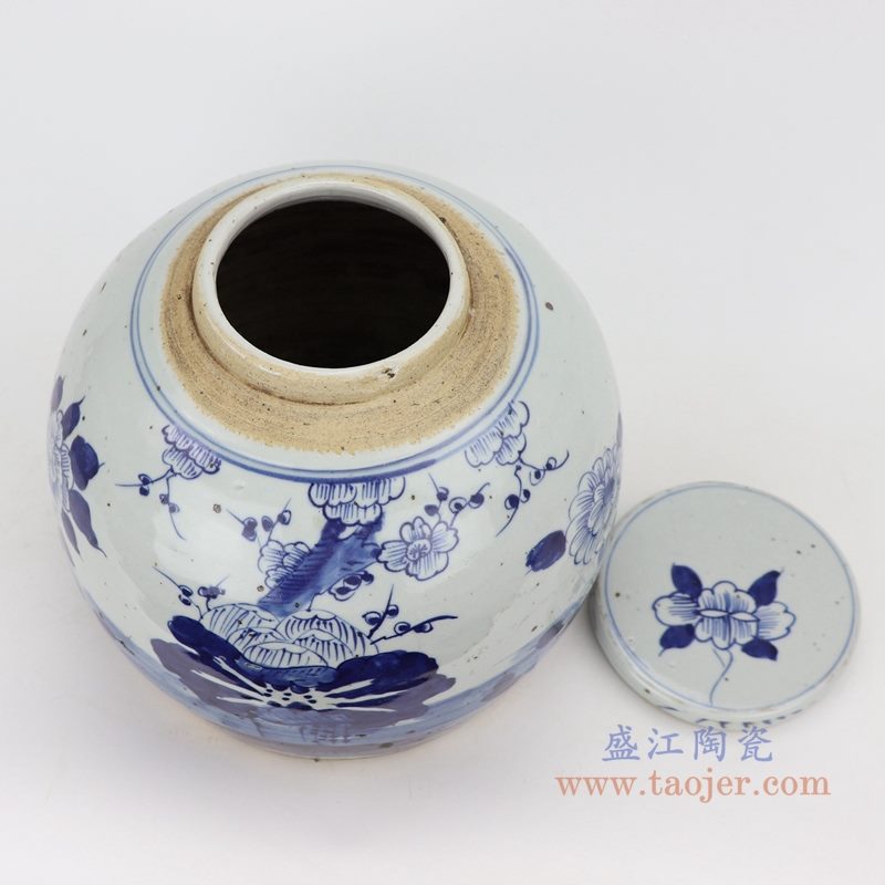 上图:仿古做旧青花荷花牡丹梅花四季花眀罐储物茶叶罐子 口部图 购买请点击图片