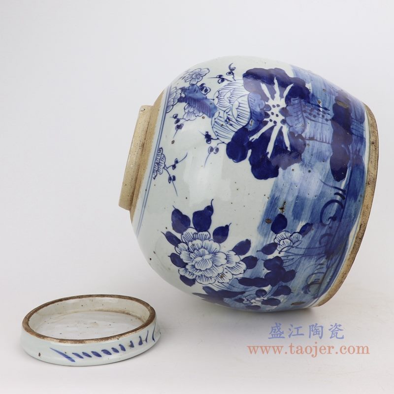 上图:仿古做旧青花荷花松竹梅眀罐储物茶叶罐子侧面图 购买请点击图片