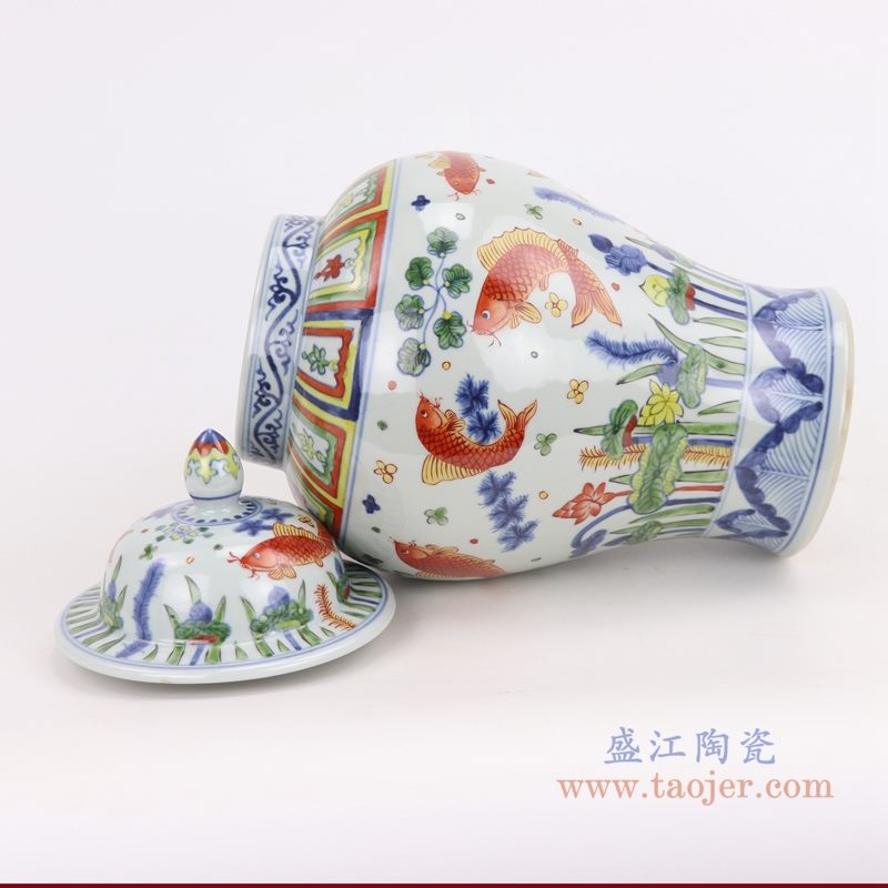 上图;仿古手绘青花五彩鱼藻纹将军罐侧面图  购买请点击图片