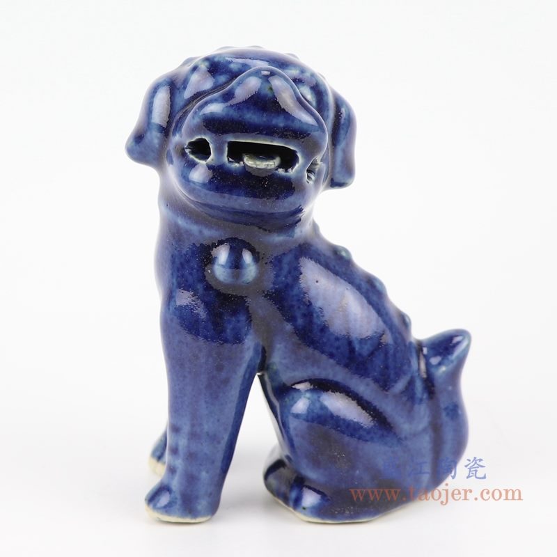 上图;祭蓝深蓝狮子狗坐姿雕塑瓷狮单个图   购买请点击图片