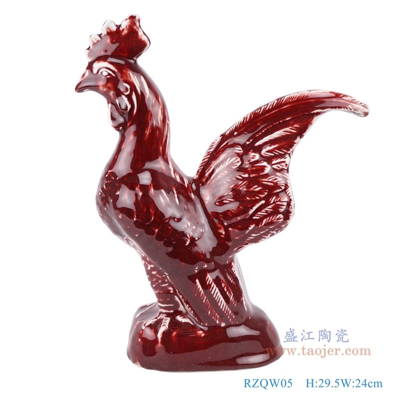 上图：郎红釉钧瓷十二生肖陶瓷雕塑红色公鸡正面   购买请点击图片