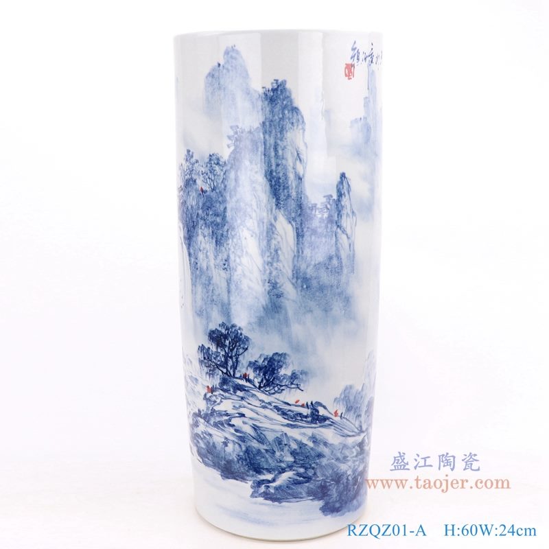 上图:青花手工手绘山水箭筒伞筒正面 购买请点击图片