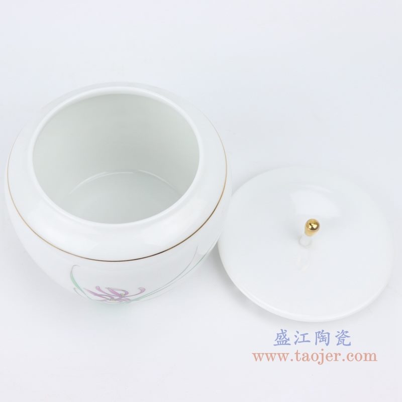 上图:白瓷普洱存茶罐陶瓷半斤装梅兰竹菊带盖茶叶罐口部 购买请点击图片