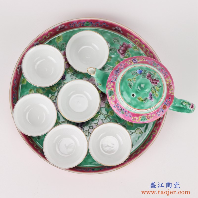 上图：粉彩绿色牡丹纹镀金茶壶茶杯8件套