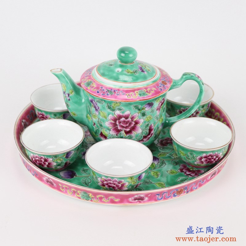上图：粉彩绿色牡丹纹镀金茶壶茶杯8件套