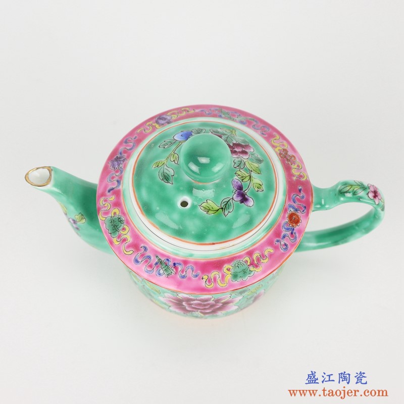 上图：粉彩绿色牡丹纹镀金茶壶茶杯8件套茶壶图片