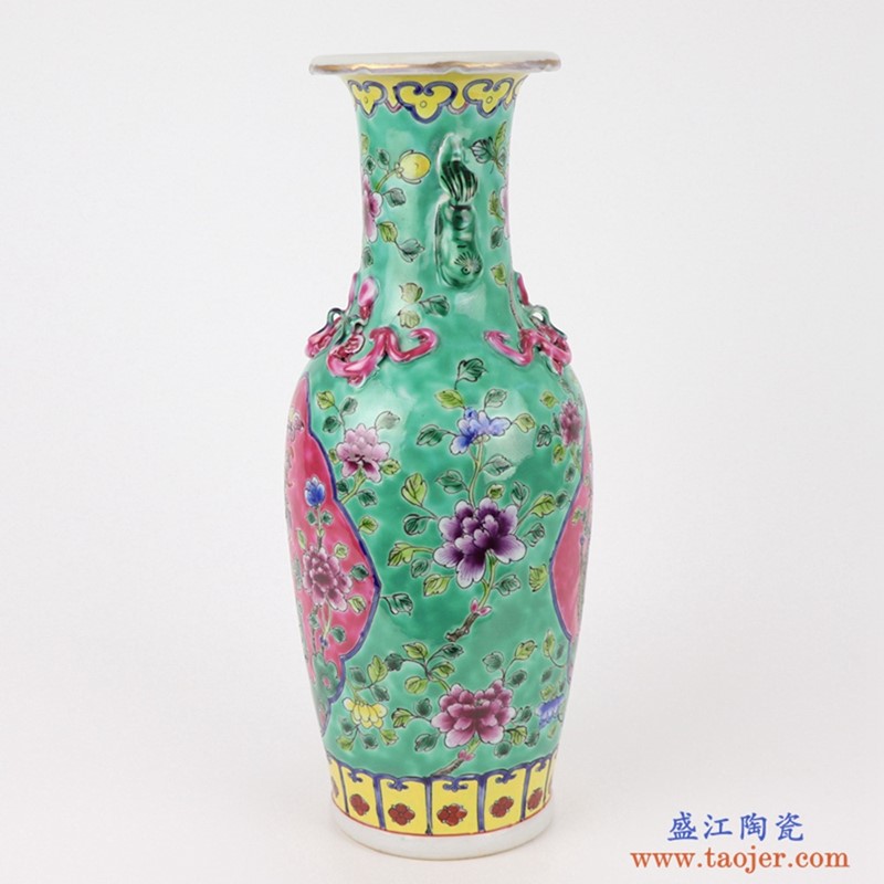 上图：粉彩绿色底开光开窗凤凰纹牡丹双耳花鸟镀金小蛇瓶花瓶