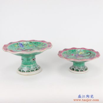 RZFA20-粉彩绿色底凤凰牡丹纹高脚镀金花边果盘大号小号