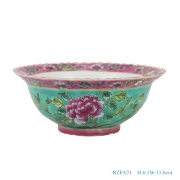 RZFA21-粉彩绿色底凤凰牡丹纹镀金花边6寸碗