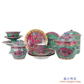 RZFA26  RZFA27 粉彩绿底黄底开光开窗凤凰牡丹纹狮头镀金饭鼓大小号