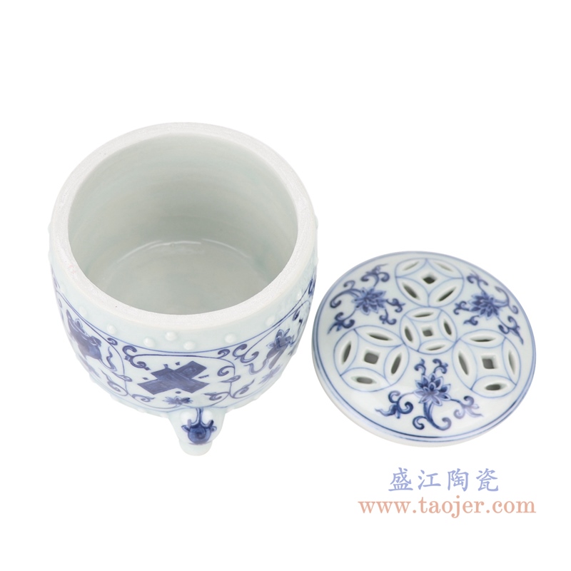 景德镇仿古三足香炉青花缠枝莲陶瓷罐子