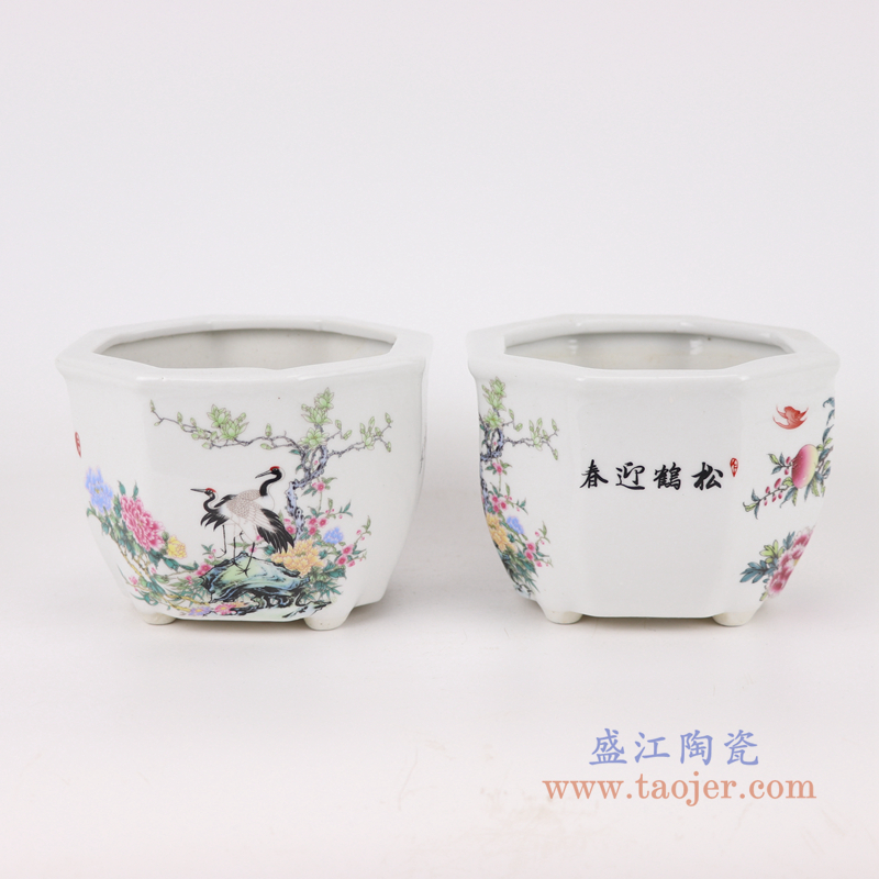 RYXP37-A/B/C/D   现代简约陶瓷摆件旧仿古粉彩仙鹤图纹六方花盆