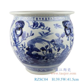 RZSC04  高仿古青花陶瓷器双耳手绘鱼纹鱼缸