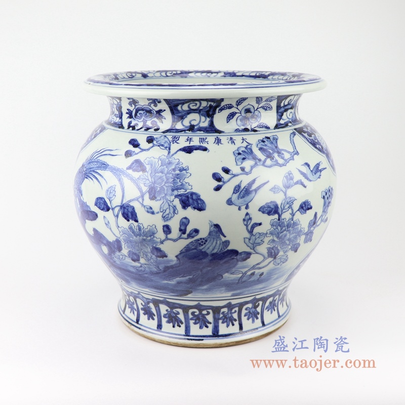  高仿古青花陶瓷器手绘花鸟纹鱼缸