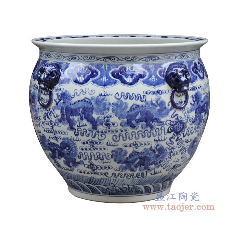  景德镇高仿古青花陶瓷器双耳手绘龙纹鱼缸