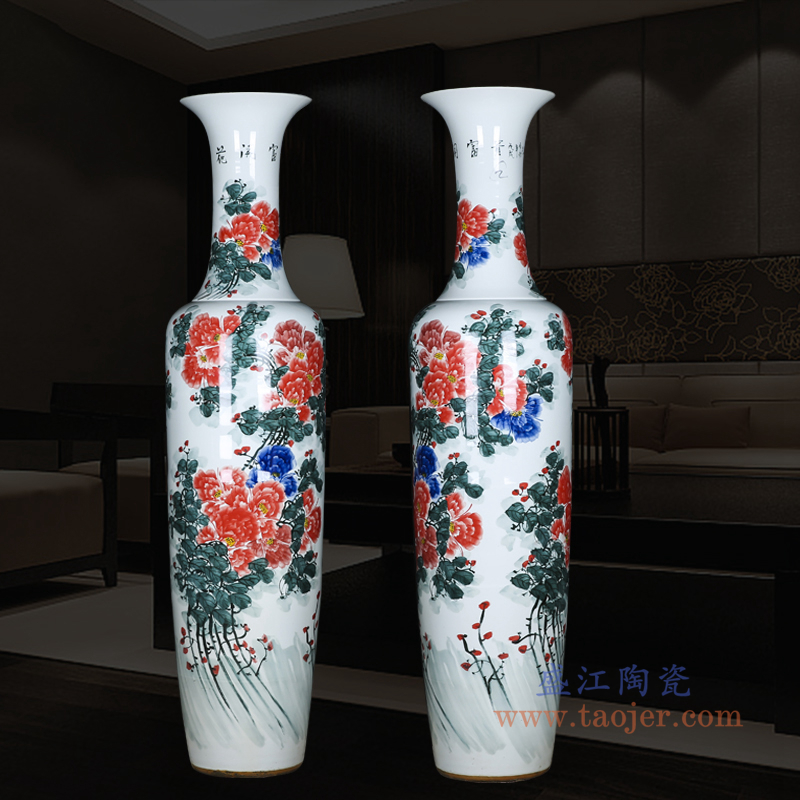 RZRi10手绘牡丹花开富贵落地大花瓶现代客厅装饰品