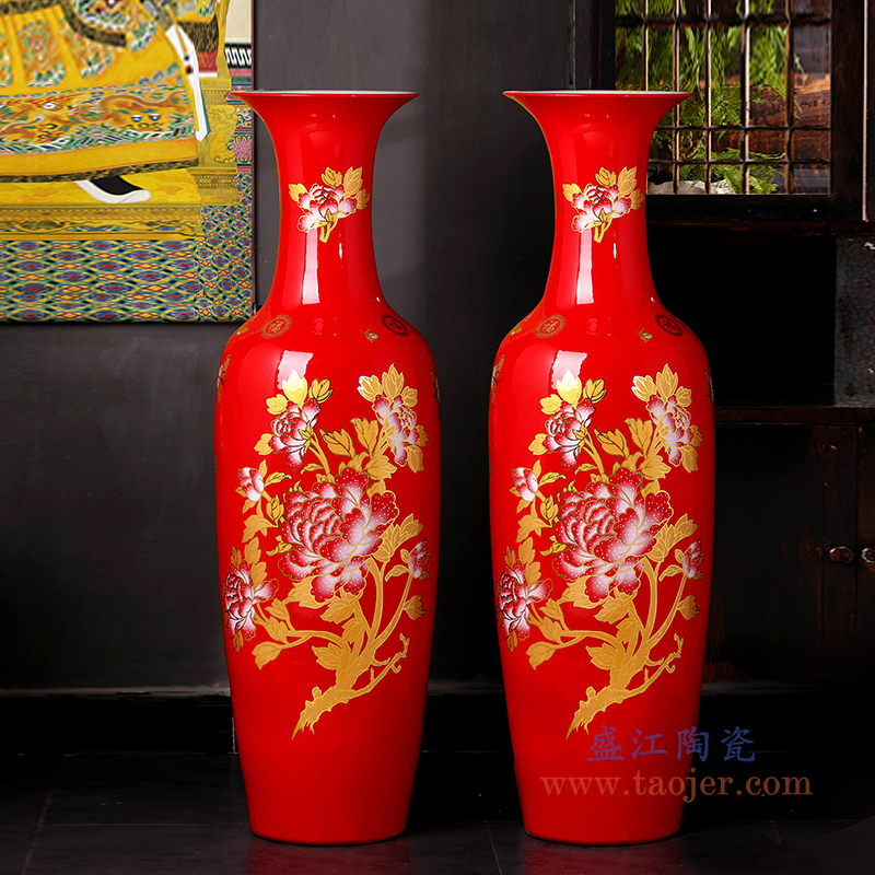 RZRi34-A 中国红粉彩落地大花瓶中式家居装饰 