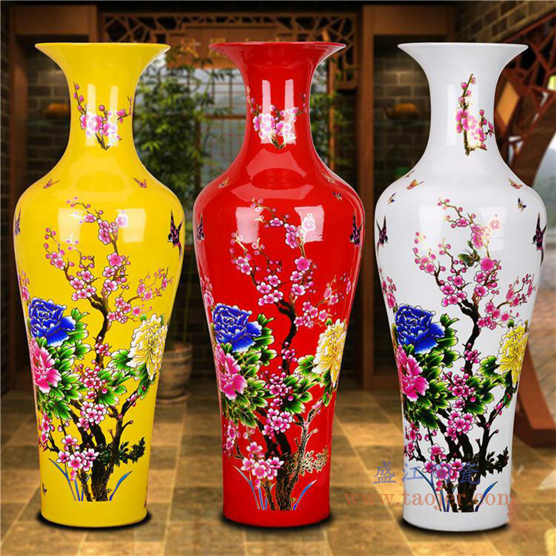 RZRi36-A瓷器落地大花瓶红黄花开富贵家居客厅摆件