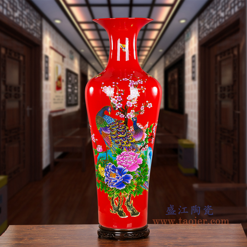 RZRi36-A瓷器落地大花瓶红黄花开富贵家居客厅摆件