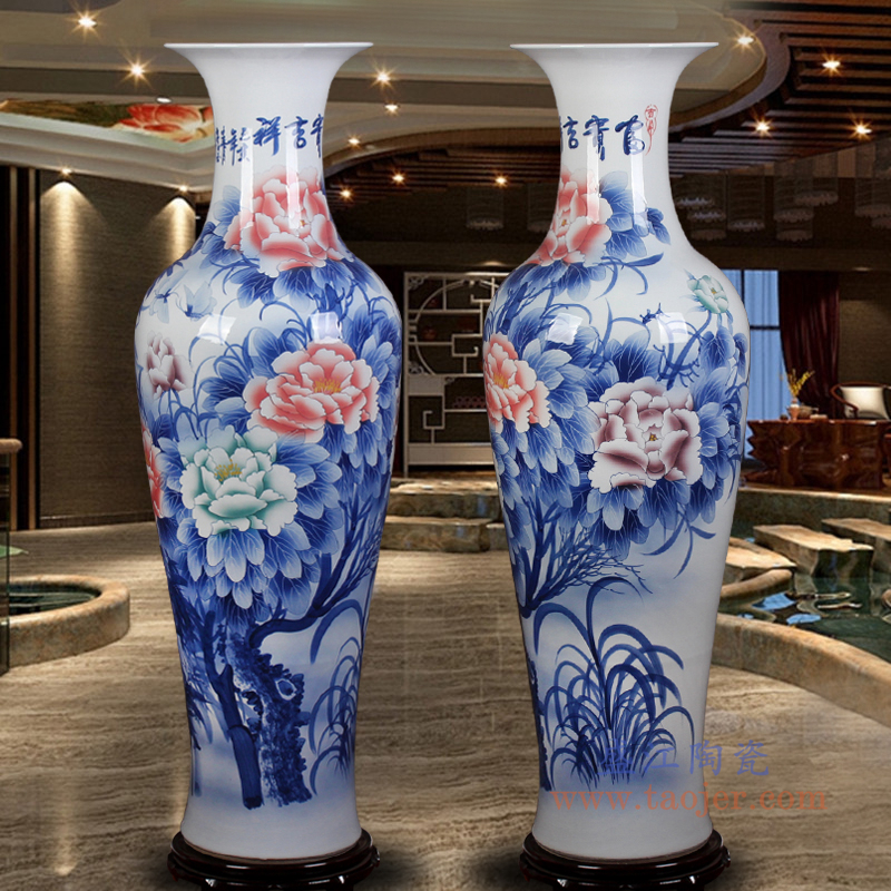 RZRi44-A 手绘陶瓷大花瓶新房酒店客厅乔迁青花山水牡丹落地装饰摆件