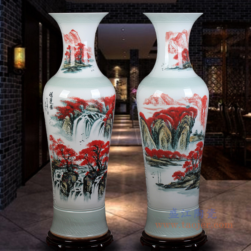 手绘陶瓷大花瓶新房酒店客厅乔迁青花山水牡丹落地装饰摆件