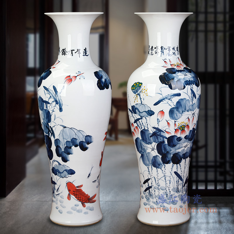 RZRi116-A 手绘陶瓷荷花连年有余落地大花瓶