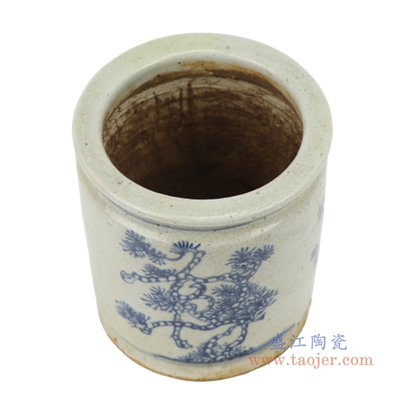 手绘陶瓷青花松竹筒仿古岁寒摆件