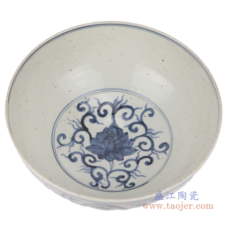 手绘青花点工缠枝莲纹寿图茶陶瓷碗
