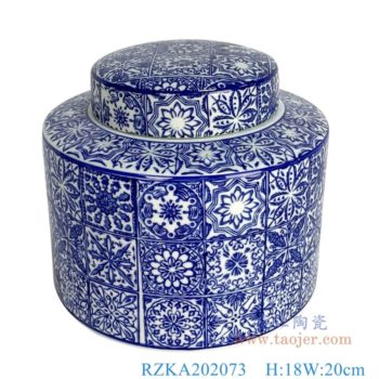 RZKA202073  直筒青花方格子花卉纹矮圆罐子
