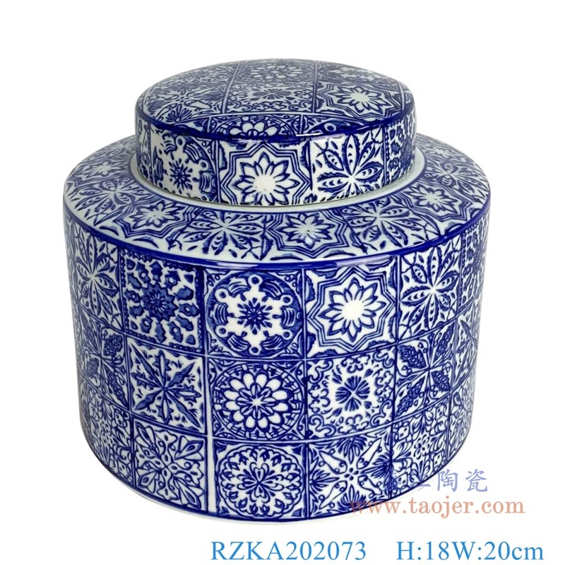 RZKA202073 直筒青花方格子花卉纹矮圆罐子