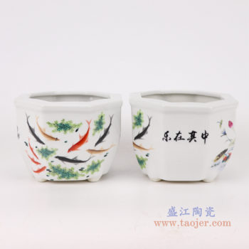 RYXP37-A/B/C/D   现代简约陶瓷摆件旧仿古粉彩仙鹤图纹六方花盆