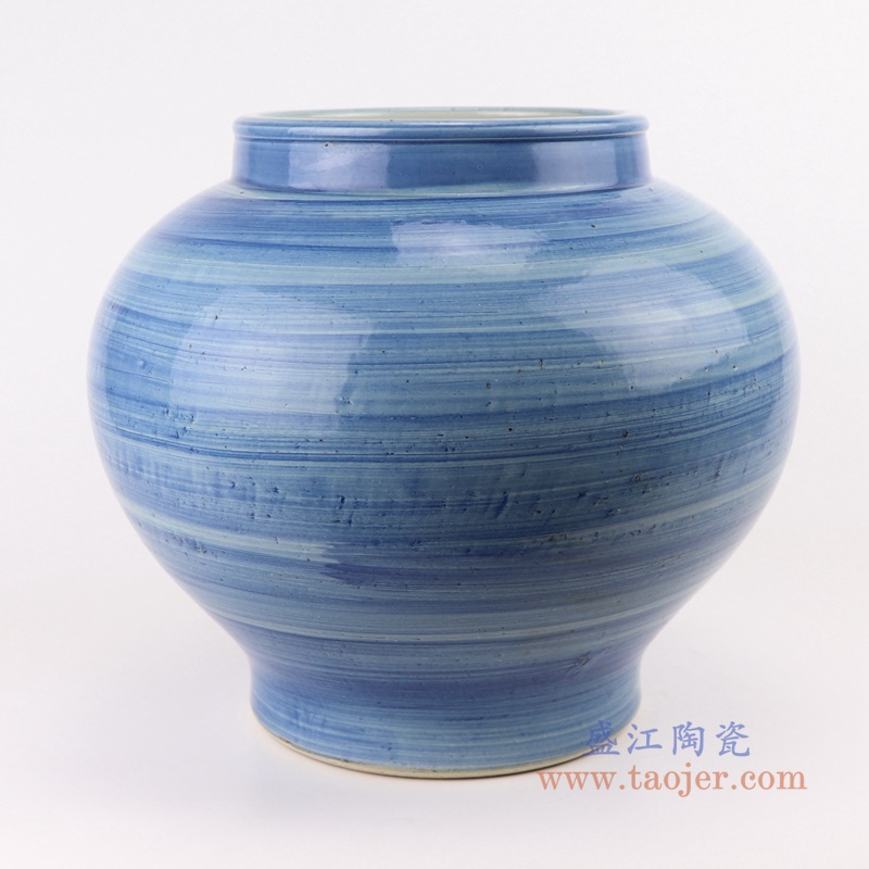 手工蓝纹颜色釉现代陶瓷广口花瓶罐