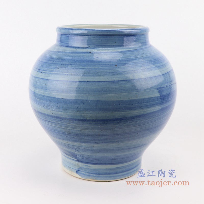 手工蓝纹颜色釉现代陶瓷广口花瓶罐