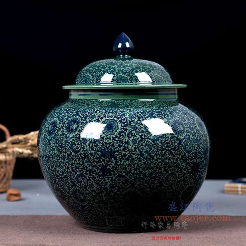 RZAP12-仿古青花缠枝莲绿釉将军罐米缸水缸酒缸油缸酵素缸茶叶罐储物罐