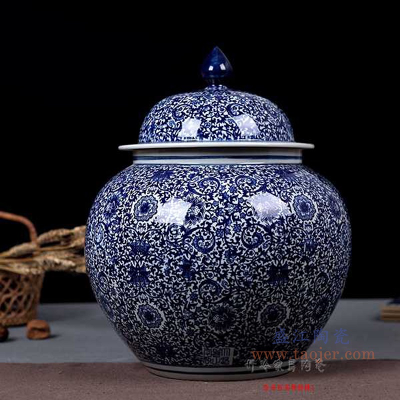 RZAP12-仿古青花缠枝莲绿釉将军罐米缸水缸酒缸油缸酵素缸茶叶罐储物罐